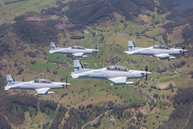 PC-21 aircraft from No. 4 Squadron conduct formation flying in the airspace near RAAF Base Williamtown. (Defence)