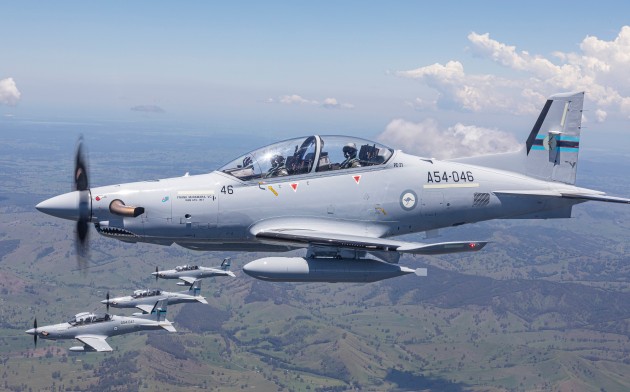 PC-21 aircraft from No. 4 Squadron conduct formation flying in the airspace near RAAF Base Williamtown. (Defence)