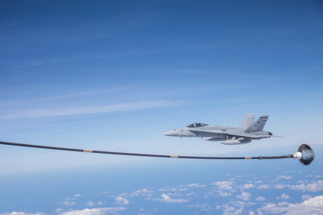 United States Marine Corps F/A-18 Hornet aircraft flies alongside a Royal Australian Air Force KC-30A multi-role tanker transport during Exercise Cope North 22, Guam. (Defence)