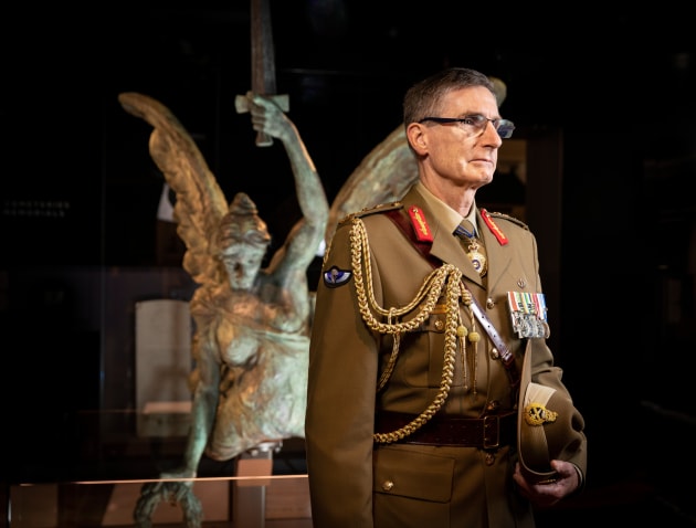 Chief of the Defence Force, General Angus Campbell, after his Anzac Day 2022 message at the Australian War Memorial in Canberra. (Defence)