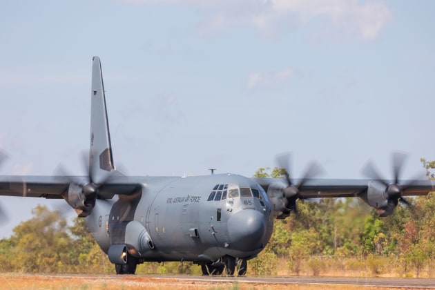A 37 Squadron C-130J-30 Hercules taxis in the Mount Bundey Training Area, NT during Exercise Diamond Storm 2022. (Defence)