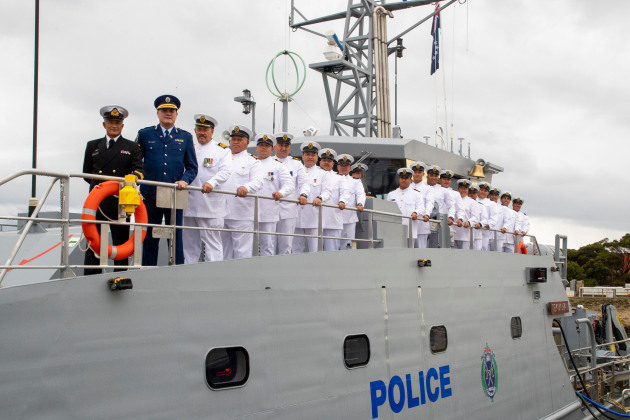 CIPPB Te Kukupa II crew line the ship during the handover ceremony of the 15th Guardian-class Patrol Boat delivered under the Pacific Maritime Security Program. (Defence)