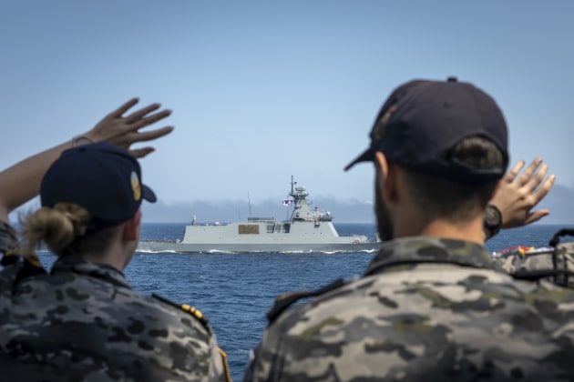 Ship's company of HMAS Parramatta farewell the Republic of Korea Navy ship Gyeongnam, a Daegu or FFX Batch II class frigate, during a cooperative activity between the two countries.

Credit: Defence

Credit: Defence