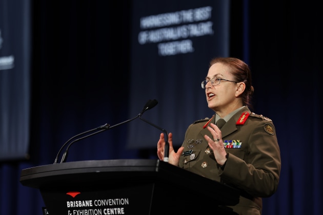 Major General Natasha Fox, Deputy Chief of Army, delivers the closing address at the Defence People Symposium at the Brisbane Convention and Exhibition Centre on 30 June 2022.