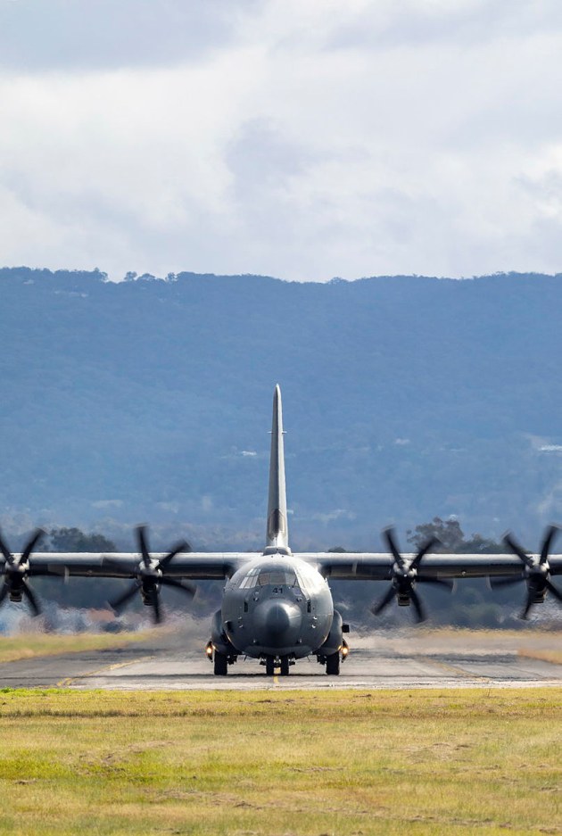 A RAAF C-130J Hercules on the taxi-way at RAAF Base Richmond.