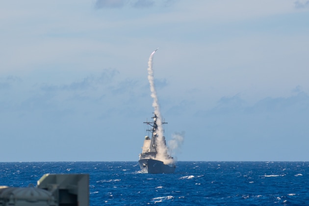 HMAS Sydney fires an Evolved Sea Sparrow Missile at Exercise Pacific Dragon during a Regional Presence Deployment. (Defence)