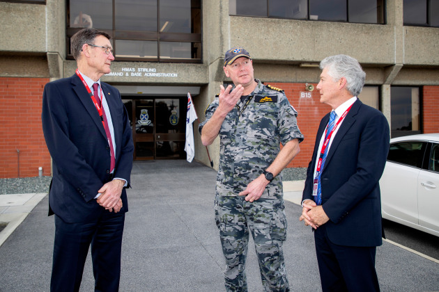 Professor Stephen Smith (right) and Air Chief Marshal Sir Angus Houston (Ret&rsquo;d) meet with Commanding Officer HMAS Stirling Captain Gary Lawton RAN before conducting a tour as part of the Defence Strategic Review in Western Australia. (Defence)