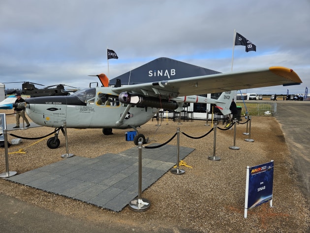 A Phoenix JTAC sensor pod installed on the wing of SiNAB Air&rsquo;s 1967 Cessna 0-2A Test and Evaluation aircraft at Avalon Airshow. (Tim Fish)