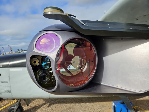 The Phoenix JTAC sensor pod has a gimbal in the nose that includes an Electro-Optical Infra-Red camera sensor and a GPS antenna. (Tim Fish)