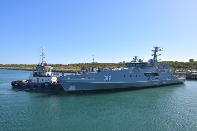 The fifth evolved Cape class patrol boat, the future ADV Cape Woolamai, in the water after being launched at Henderson, Western Australia. Image courtesy of Austal.

Credit: Defence