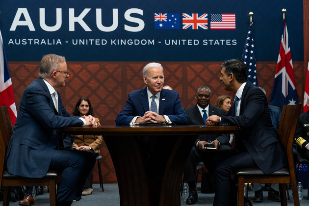 PM Anthony Albanese, US President Joe Biden and UK PM Rishi Sunak during the AUKUS submarine announcement in San Diego. (Defence)