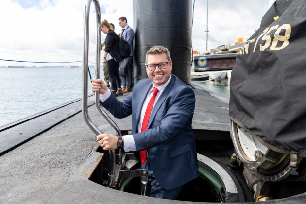 Minister for Defence Industry Pat Conroy aboard US Navy submarine USS Asheville during a visit to HMAS Stirling, Western Australia.

Credit: Defence