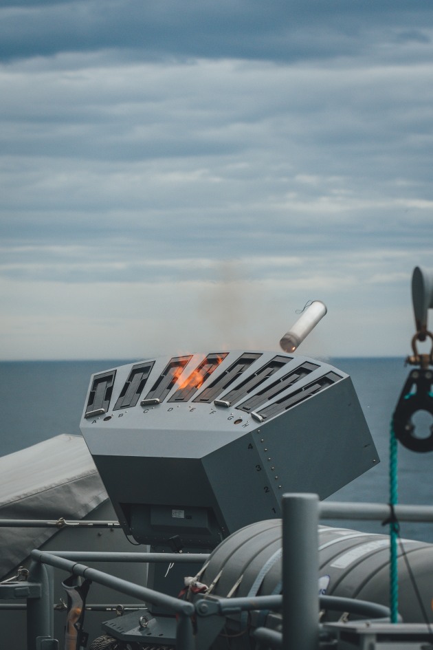 Multi Ammunition Soft Kill System (MASS) firing during a joint trial conducted with the Royal New Zealand Navy in November 2021. (Defence)