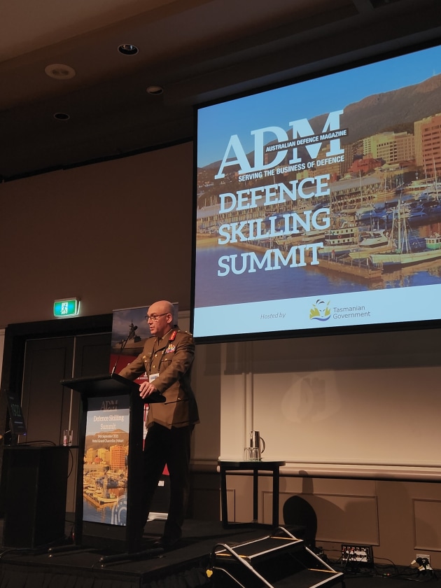 Major General Wade Stothart delivering the opening keynote speech at the 2023 ADM Defence Skilling Summit.
Credit: Keira Joyce