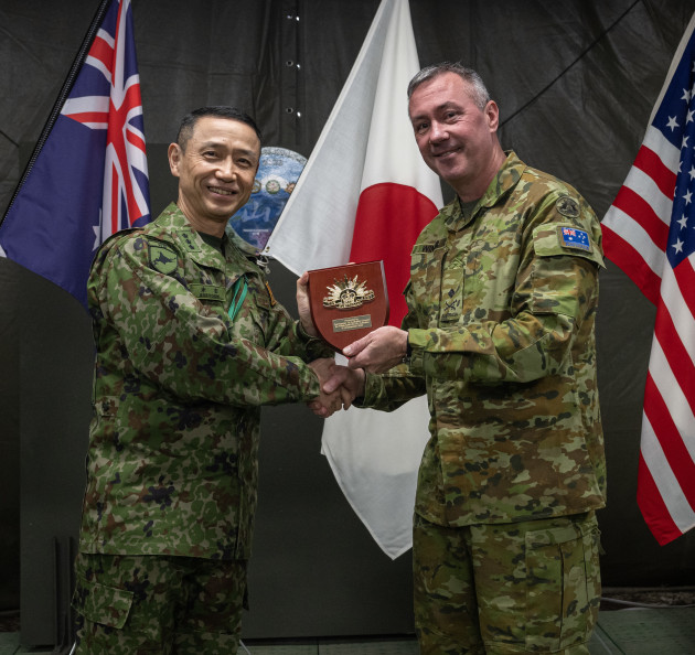 During exercise Yama Sakura in 2023, Commander 1st (Australian) Division Major General Scott Winter presented a gift to Lieutenant General Hiroaki Sueyoshi, Japan Ground Self-Defense Force after a successful exercise Yama Sakura 85 in Chitose, Japan.

Credit: Defence