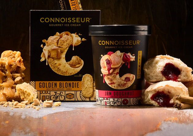 Connoisseur Gourmet Ice Cream has introduced two additions to its Laneway Sweets Range: the Golden Blondie stick and the Jam Doughnut Tub.