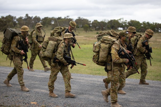 Staff cadets from the Royal Military College &ndash; Duntroon moving between sections on Exercise Shaggy Ridge, Majura Training Area. 

Credit: Defence