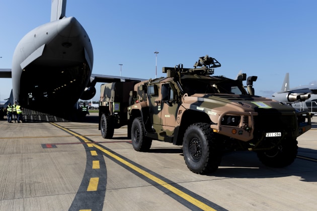 An Australian Army Hawkei protected mobility vehicle is prepared to be loaded onto a Royal Australian Air Force C-17A Globemaster III aircraft at RAAF Base Amberley in Queensland.
Credit: Defence