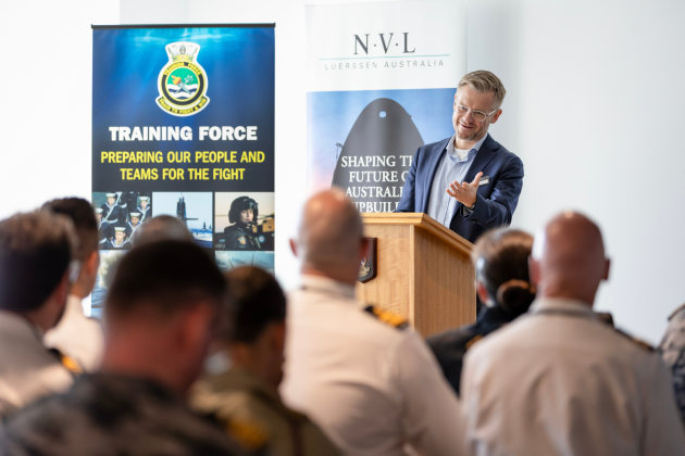 Luerssen Training Manager for OPV SEA1180, Enrico Kestel speaks at the opening ceremony for the Navy Training Systems Centre-West at HMAS Stirling, Western Australia.

Credit: Defence