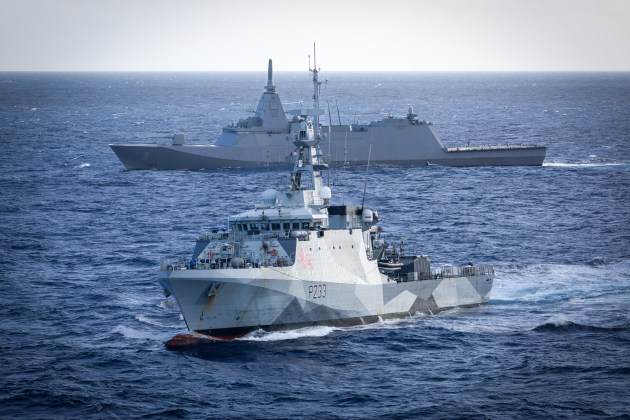 HMS Tamar and JS Noshiro conduct Officer of the Watch manoeuvres during corporative activities with HMAS Choules while on a regional presence deployment. JS Noshiro is a Mogami class frigate armed with a SeaRAM. 

Credit: Defence


Credit: Defence