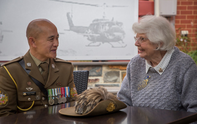 Former Air Force Nursing Officer Val Lawrence, who was deployed on Operation Babylift in Vietnam in 1975, meets Warrant Officer Class One Darren Wasley at the War Veterans&rsquo; Home at Myrtle Bank in SA. WOFF Wasley was one of the children evacuated from South Vietnam during the operation and is now studying at the Australian War College.

Credit: Defence