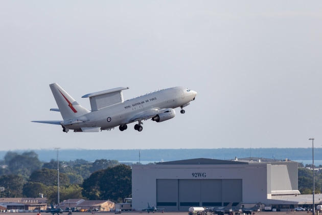 An E-7A Wedgetail aircraft from the Royal Australian Air Force takes off from RAAF Base Darwin during Exercise Pitch Black 24.

Credit: Defence