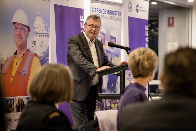 Deputy Secretary Naval Shipbuilding and Sustainment, Mr Jim McDowell speaks during the Defence Industry Pathways Program, intake seven graduation, at Bentley Pines Training Restaurant, South Metropolitan Tafe in Perth, Western Australia.

Credit: Defence