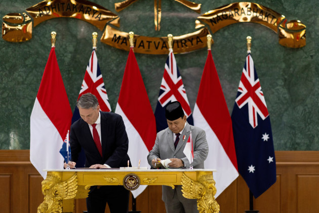 The Minister for Defence Richard Marles signed the Defence Cooperation Agreement with Indonesian Defence Minister and President-elect Prabowo Subianto.

Credit: Defence