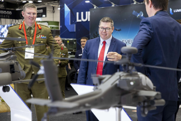 Minister for Defence Industry and Capability Delivery Pat Conroy and Head Land Capability Major General Richard Vagg engage with industry partners at the Land Forces exposition 2024 in Melbourne.

Credit: Defence