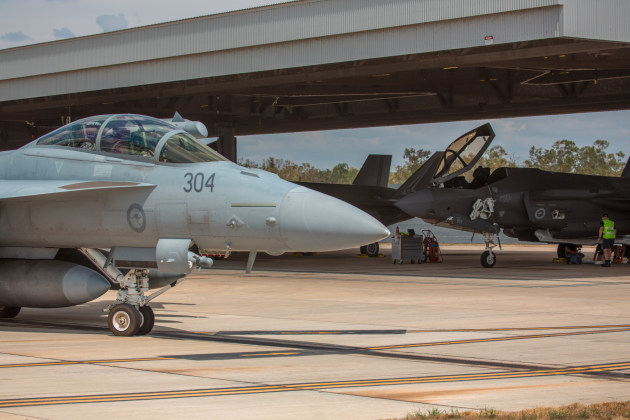 A EA-18G Growler from No. 6 Squadron taxis past a F-35A Lightning II from No. 75 Squadron at RAAF Base Tindal, Northern Territory during Trial Swagman, an Electronic Warfare activity.

Credit: Defence