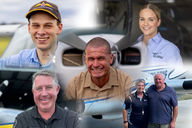 The winner of the 2024 CASA Wings Awards. Clockwise from the top left: Royal Aero Club of NSW, Georgie Arnold, PanAir, Jeremy Miller. Centre: Cameron Marchant.