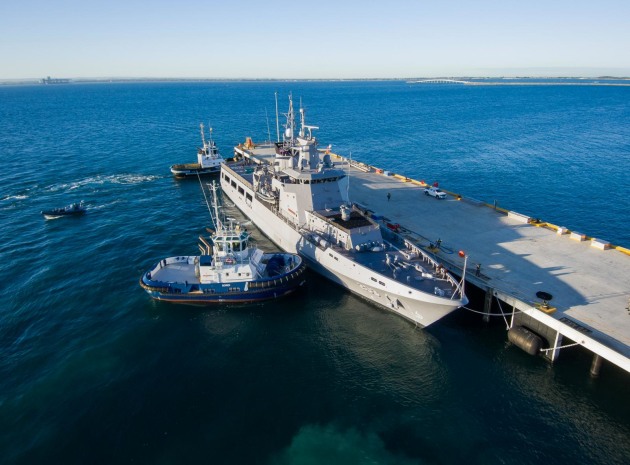 NUSHIP Arafura prepares to sail from HMAS Stirling.

Credit: Defence