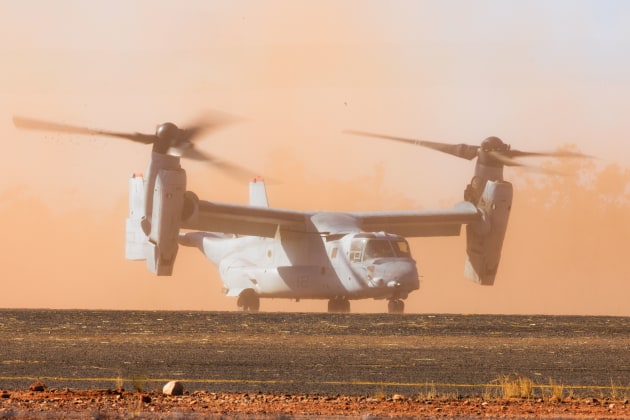 A United States Marine Corps MV-22B Osprey arrives at the Nackeroo Airfield within the Bradshaw Field Training Area, Northern Territory.

Credit: Defence