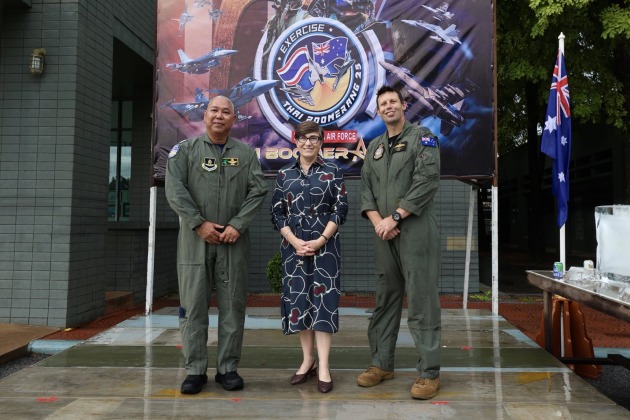 Her Excellency, Dr Angela Macdonald, Australian Ambassador to Thailand (centre) with Group Captain Nat Kamintra, Exercise Director for Exercise Thai Boomerang 2025 (left) and Wing Commander Trent Baldry, Detachment Commander for Exercise Thai Boomerang 2025 (right).

Credit: Defence