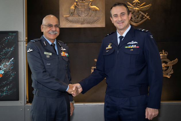 Deputy Chief of Air Force, Air Vice-Marshal Steven Pesce, greets Air Vice-Marshal Sanjeev Taliyan of the Indian Air Force at Russell Offices, Canberra.

Credit: CPL Kurt Lewis / Defence