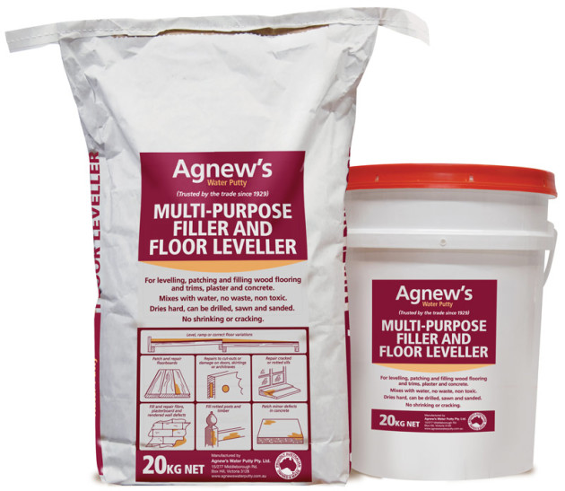 Now available in 20kg bag or bin quantities from Timbermate, Agnew's multi-purpose filler and floor leveller.