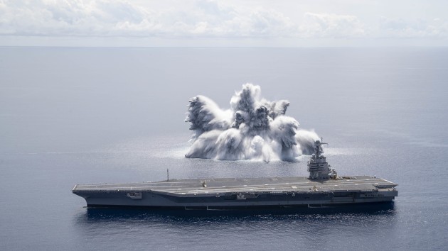 The US Navy used live explosives as part of a test to assess the USS Gerald R. Ford's ability to withstand battle conditions. (US Navy)