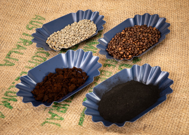 Samples of unroasted coffee beans, roasted coffee beans, spent ground coffee and the team&rsquo;s coffee biochar. Image: Carelle Mulawa-Richards, RMIT University