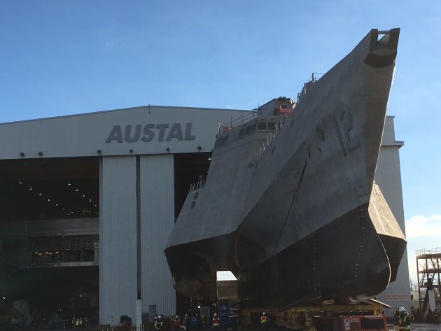 Roll out of LCS 12 Omaha from Austal USA at their Mobile, Alabama yard.