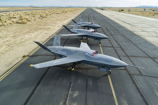 YFQ-42 aircraft sit on the flightline at a California test location as part of the Air Force&rsquo;s Collaborative Combat Aircraft flight test campaign. 

Credit: US Air Force