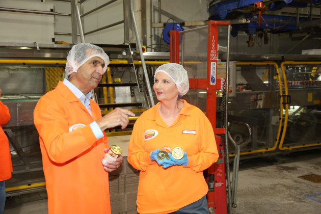 Arnott's Group CEO George Zoghbi and Shepparton team member at the announcement of the $8 million plant upgrade.