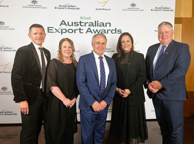 (left to right) SunRice head of corporate affairs Anthony McFarlane, head of agribusiness Nicole Griffin, minister for trade Don Farrell, Global Rice CEO Belinda Tumbers, and SunRice deputy chair John Bradford.