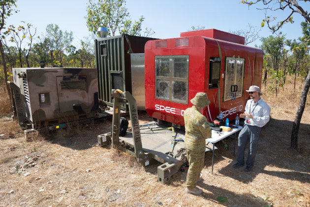 A WarpSPEE3D 3D printer is seen deployed in the field during a trial conducted at Mount Bundey Training Area, NT.
Defence
