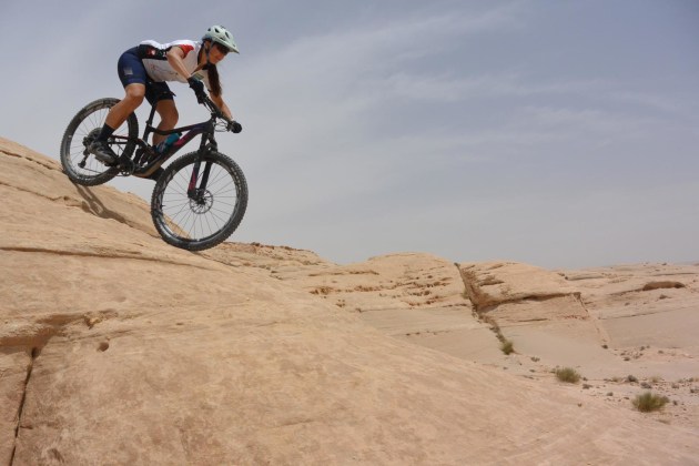Former US downhill champ Katie Holden messing about on the rocks