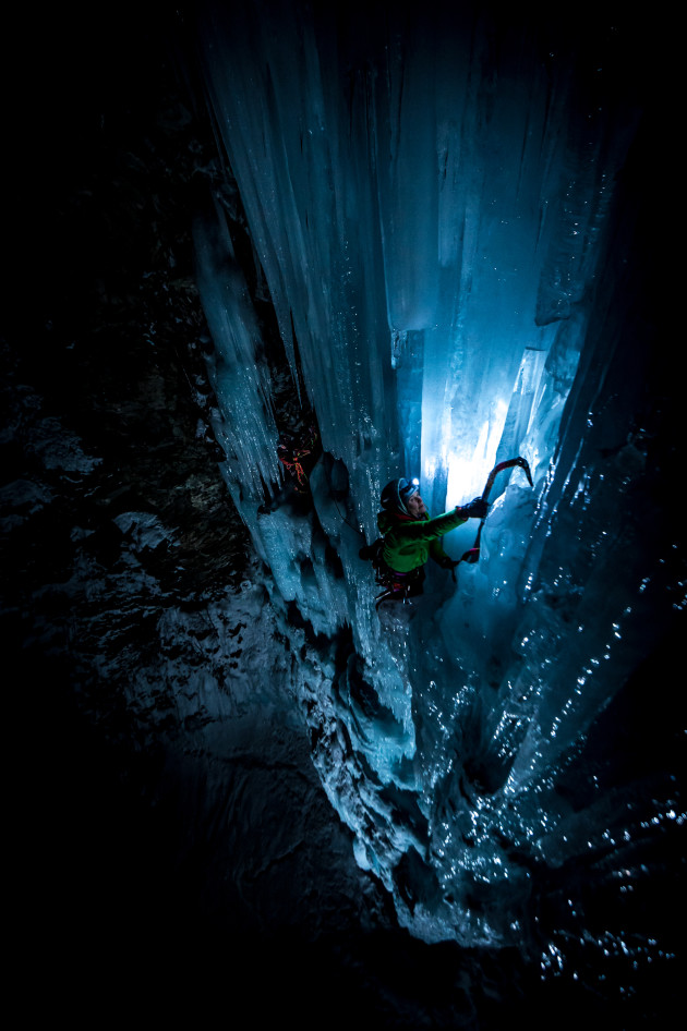 &copy; Alexandre Buisse
4th Prize - Night Photography category. This photo was taken in January 2014 at the Lau Bij climb in the Cogne Valley of the Gran Paradiso Park, in Italy&rsquo;s Aosta valley. The beautiful medium of ice combines really well with the flash photography, showcasing the transparency of the deep blue colours of the ice, as well as the athleticism of the climbers.