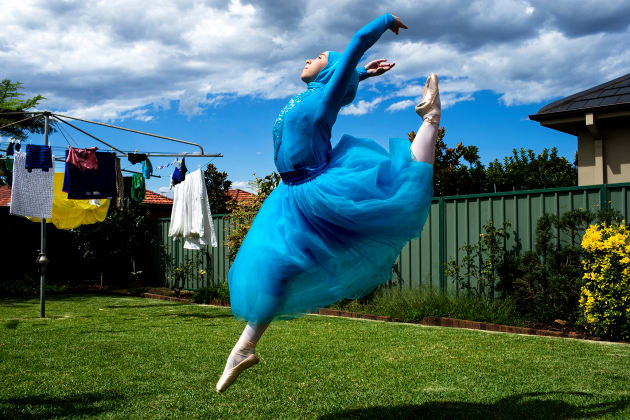 Dreaming of becoming the first muslim hijabi ballerina in the world. Stephanie Kurlow,14, practices ballet in her backyard in suburban area of Sydney Australia. She is dreaming of becoming the first muslim hijabi ballerina in the world.
&copy; Edwina Pickles, Australia, Commended, Open, Motion, 2017 Sony World Photography Awards.