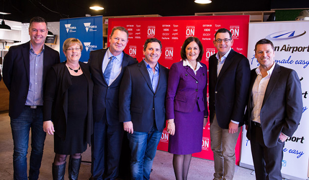 From L-R: The Hon. Wade Noonan MP: Minister for Industry and Employment, Minister for Resources, The Hon. Lisa Neville MP: Minister for Water, Minister for Police, David Fox: Managing Director of Linfox, Michael Hardwick: CFO - Cotton On Group, Sarah Henderson MP: Member for Corangamite, The Hon. Daniel Andrews MP: Premier of Victoria, Peter Johnson: CEO - Cotton On Group