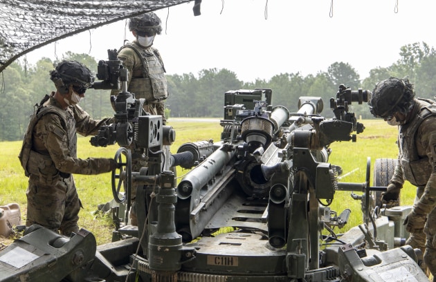 US Army cannon crewmembers assigned to Charlie Battery, 5th Battalion, 25the Field Artillery Regiment, 3rd Brigade Combat Team, 10th Mountain Division, prepare a M777 howitzer for low-angle fire at Slagle training area, Fort Polk, Louisiana, prior to a firing a M982A1 Excalibur precision munition.

Credit: US Army / Staff Sgt. Ashley Morris