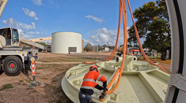 The bottom cone of the vessel being set down at Kalamia Mill.