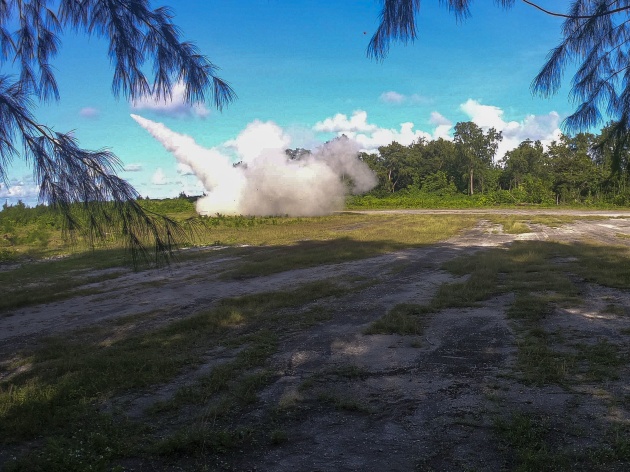 US Marines with 5th Battalion, 11th Marine Regiment, 1st Marine Division, launch a High Mobility Artillery Rocket System in support of Valiant Shield 2022 on Palau, June 8, 2022. (U.S. Marine Corps photo by Cpl. Samuel C. Fletcher)